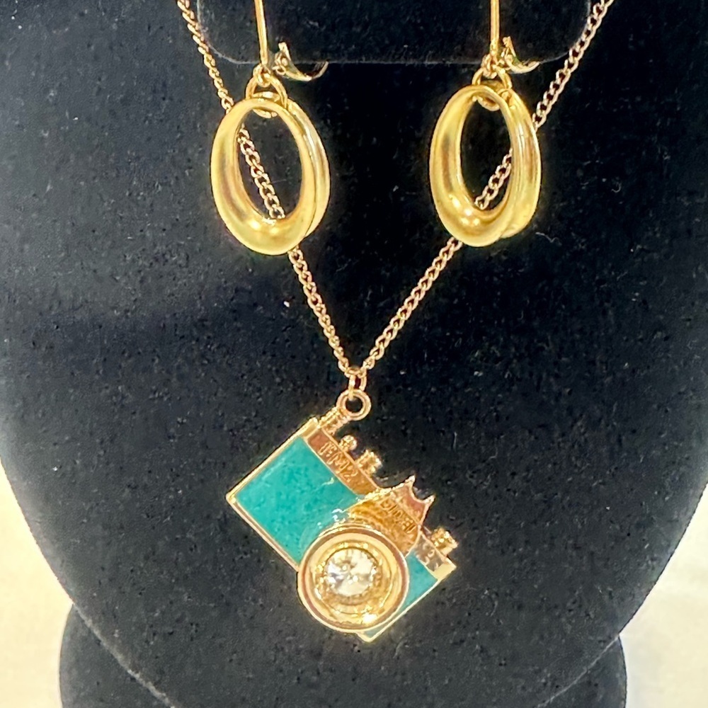 Vintage FM2 Nikon Bidel Teal Camera Necklace and Earrings